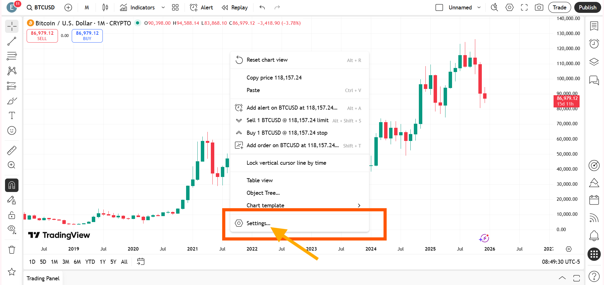 You need to right-click anywhere on the TradingView chart to open the chart menu. You need to click on Settings from the menu options.