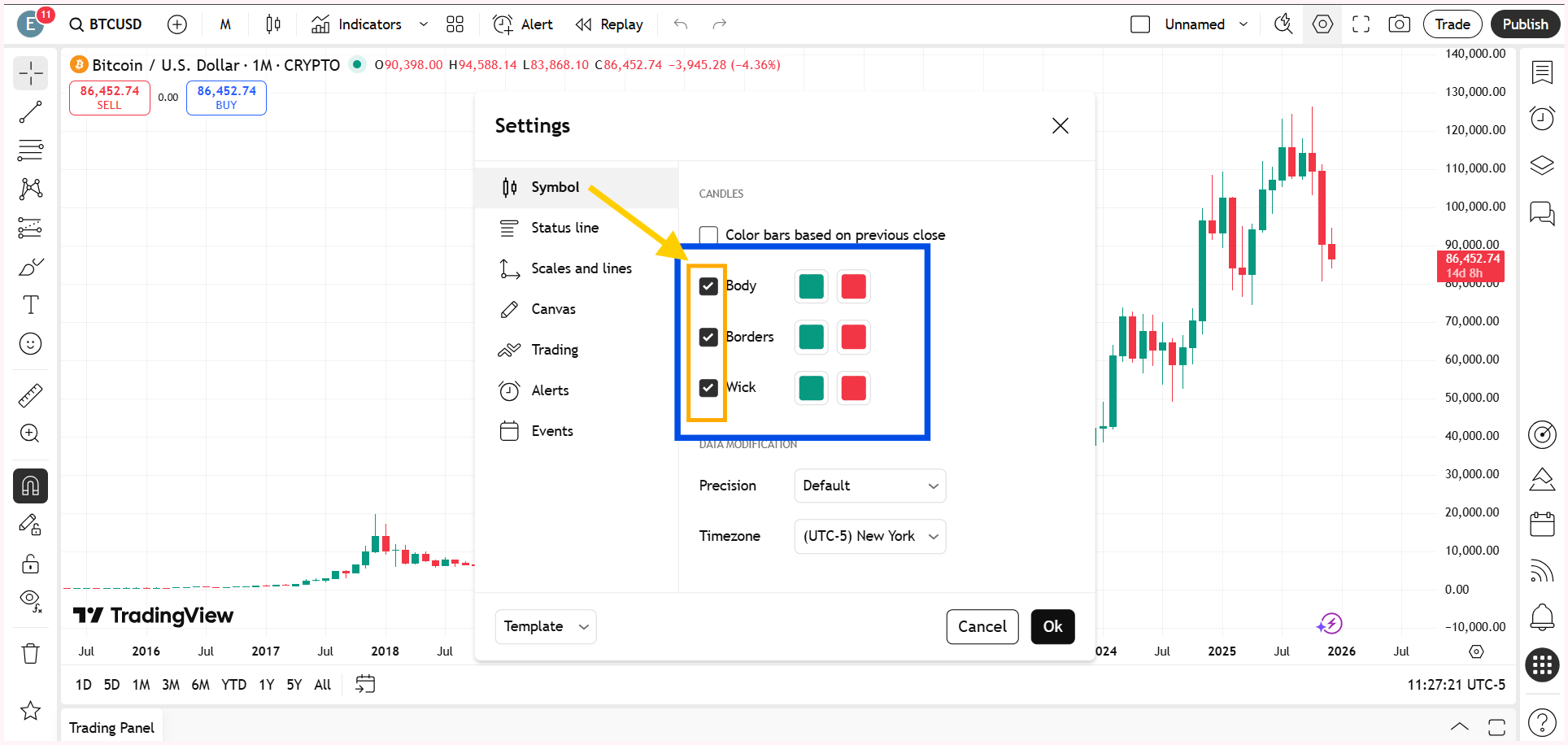 Right-click anywhere on the chart and open Settings. Inside the Symbol section, ensure that the body, wick, and border options are enabled.