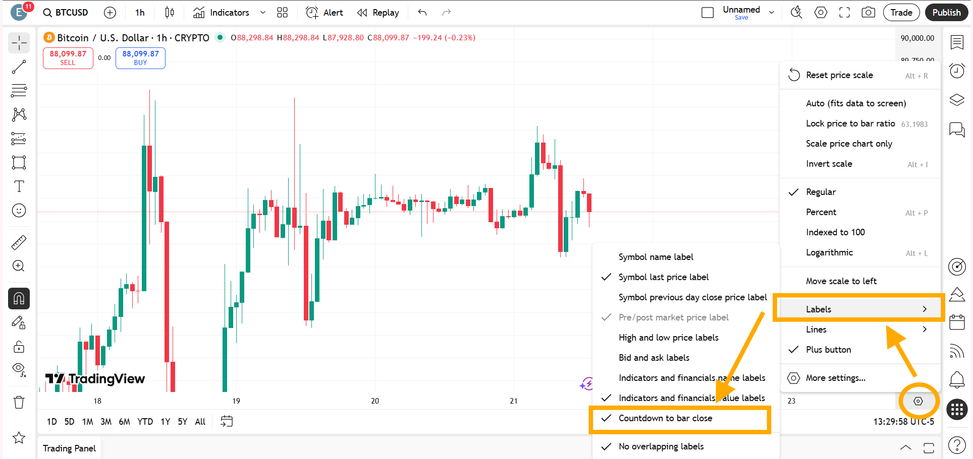 You can restore the candle close timer by clicking the settings icon at the bottom of the price scale in TradingView, navigating to Labels, and enabling Countdown to Bar Close.