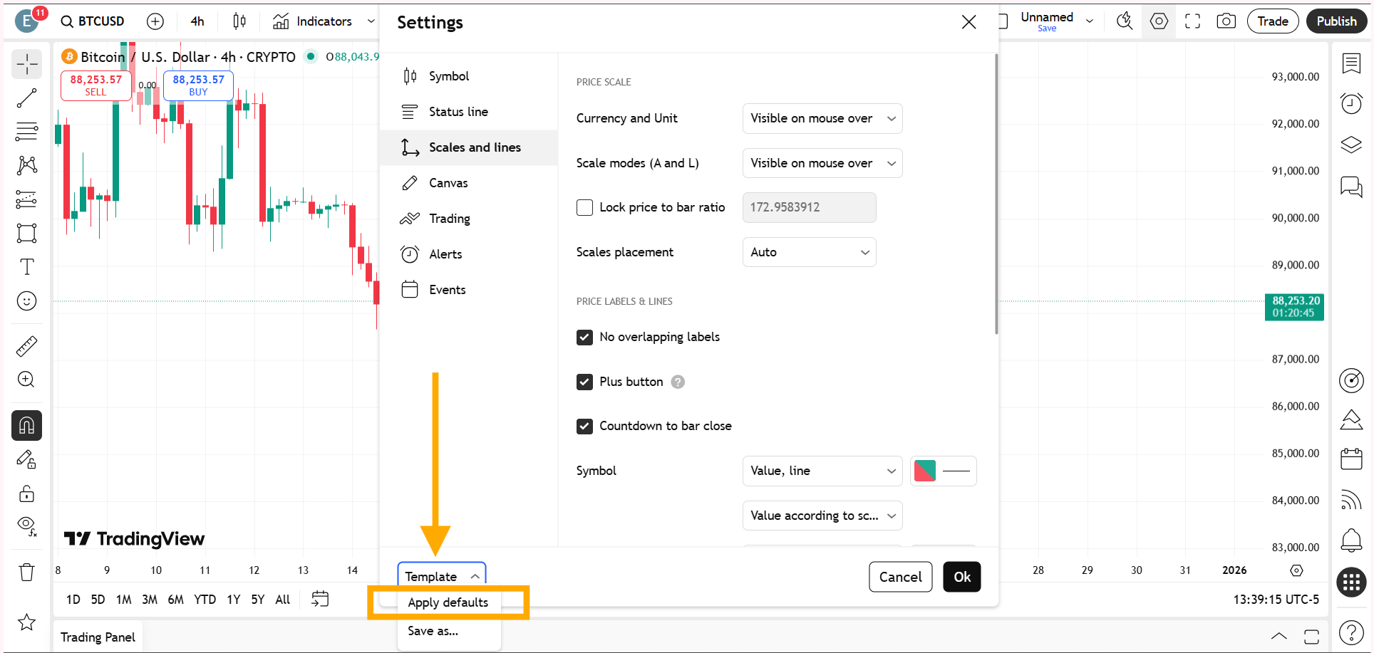 Because the Countdown to Bar Close is included in TradingView’s default chart layout, resetting the chart automatically brings the timer back along with the standard visual settings.