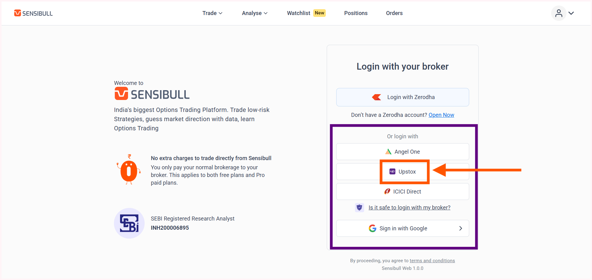 Open the Sensibull website and proceed to login using Upstox credentials.